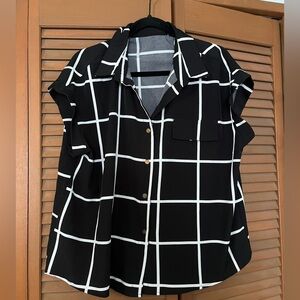 Black and White Grid Gold Button Down Blouse
